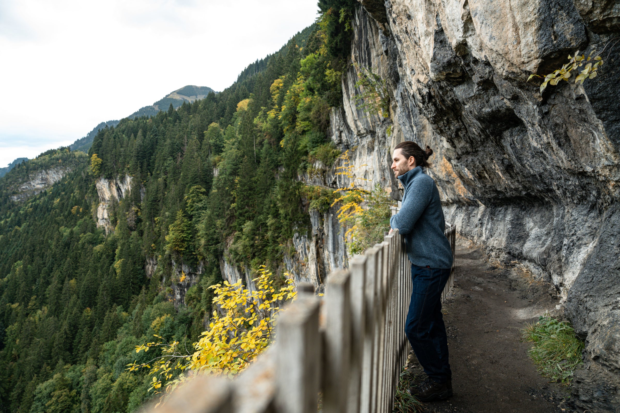 Man in a grey jacket admiring a forested cliff view