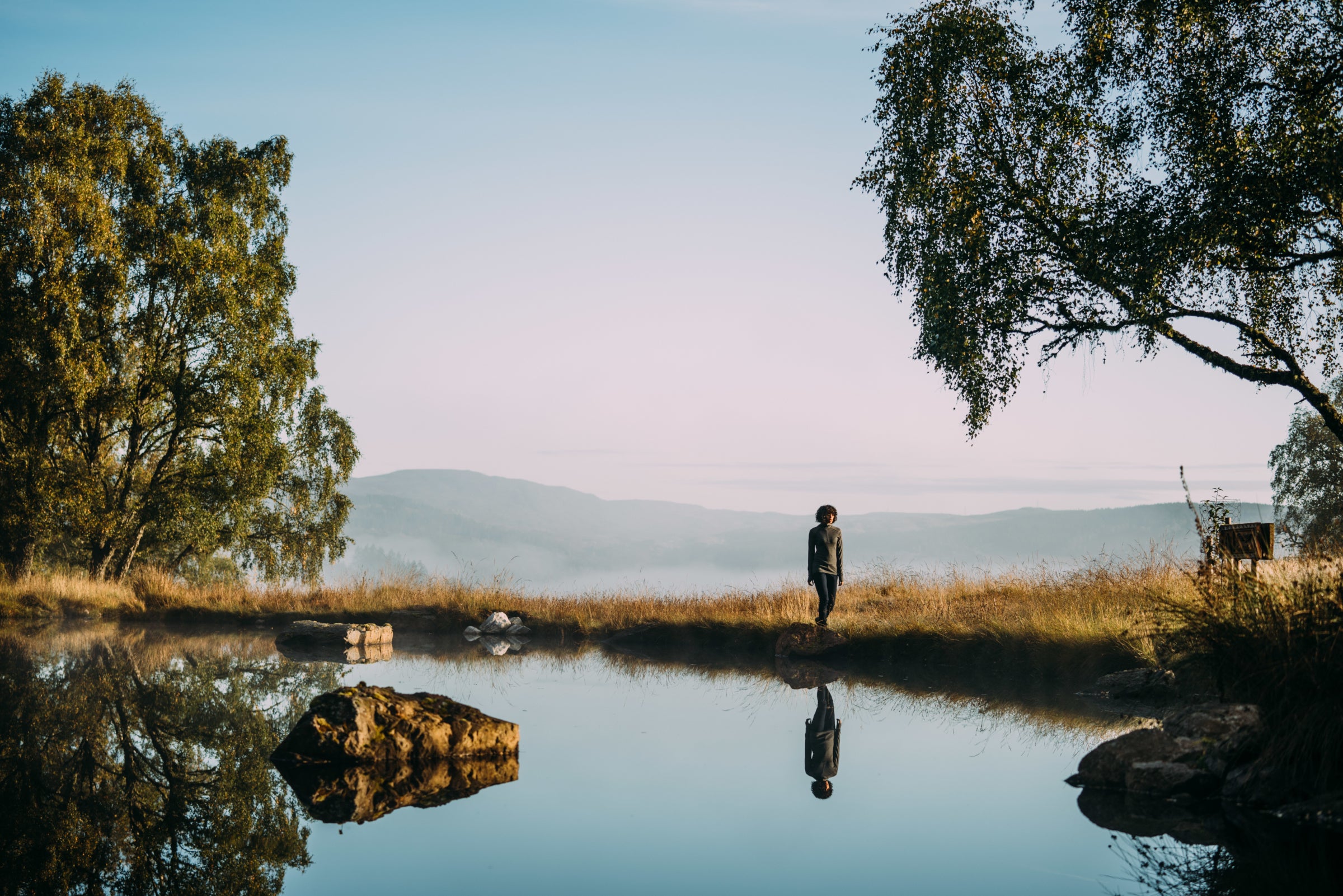 Isobaa | A person stands by a calm pond, mirrored in the water, with a tree to the left and distant hills under a gentle sky