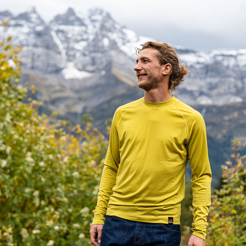 Isobaa | Mens 160 Merino Active Long Sleeve Crew (Lime) | Elevate your active wardrobe with our Men's 160 Merino Active Long Sleeve Crew, expertly crafted from 160g 18.5 micron superfine merino wool | Model: Baudoin