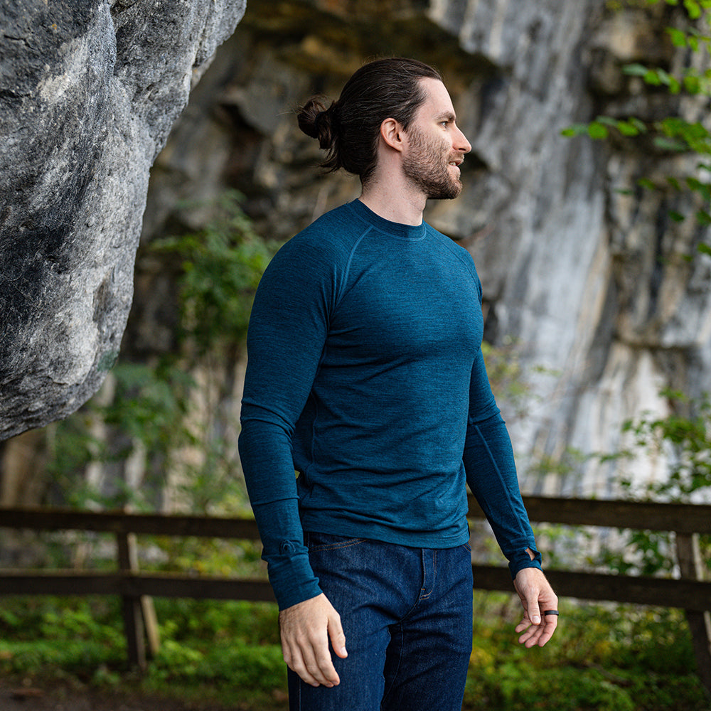 Isobaa | Mens 160 Merino Active Long Sleeve Crew (Petrol) | Elevate your active wardrobe with our Men's 160 Merino Active Long Sleeve Crew, expertly crafted from 160g 18.5 micron superfine merino wool | Model: Ed