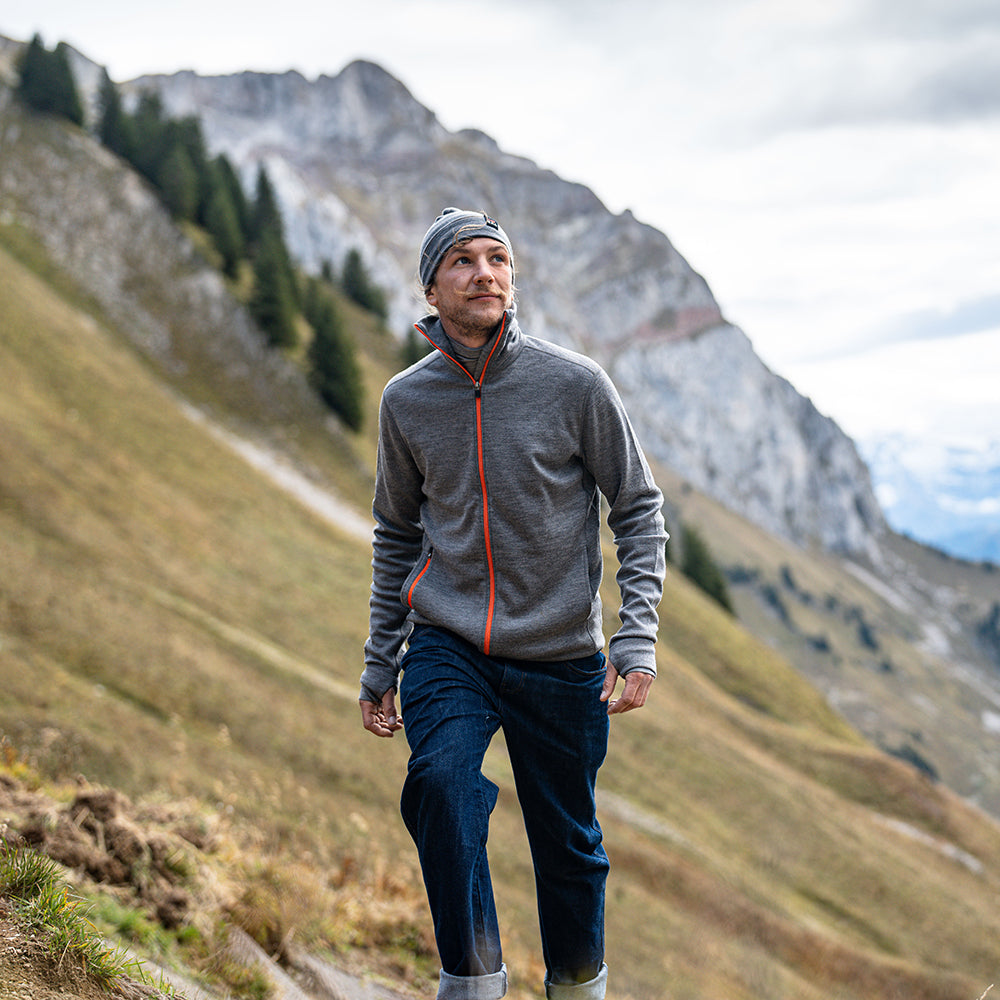 Isobaa | Mens 320 Merino Full Zip (Charcoal/Orange) | Step into a new level of comfort and versatility with our 320 Merino Full Zip Jacket | Model: Baudoin