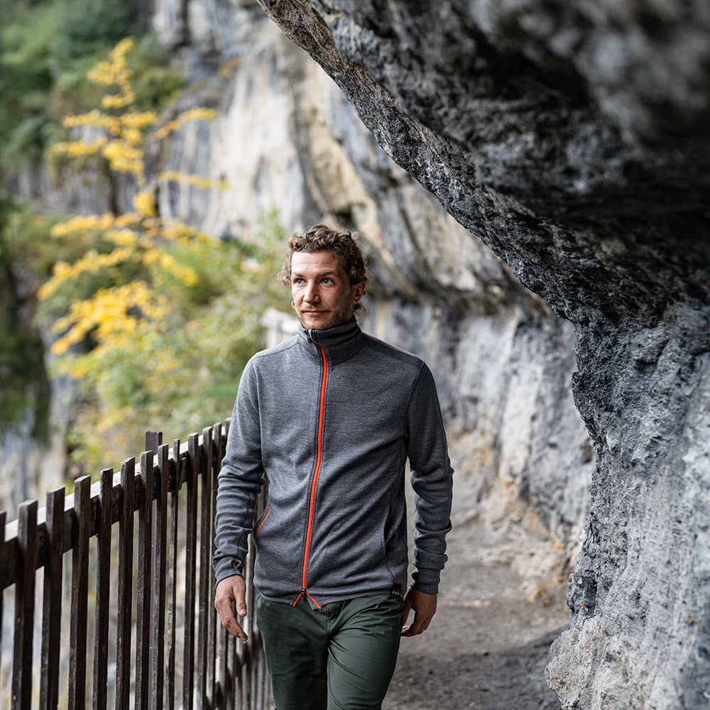 Isobaa | Mens 320 Merino Full Zip (Charcoal/Orange) | Step into a new level of comfort and versatility with our 320 Merino Full Zip Jacket | Model: Baudoin