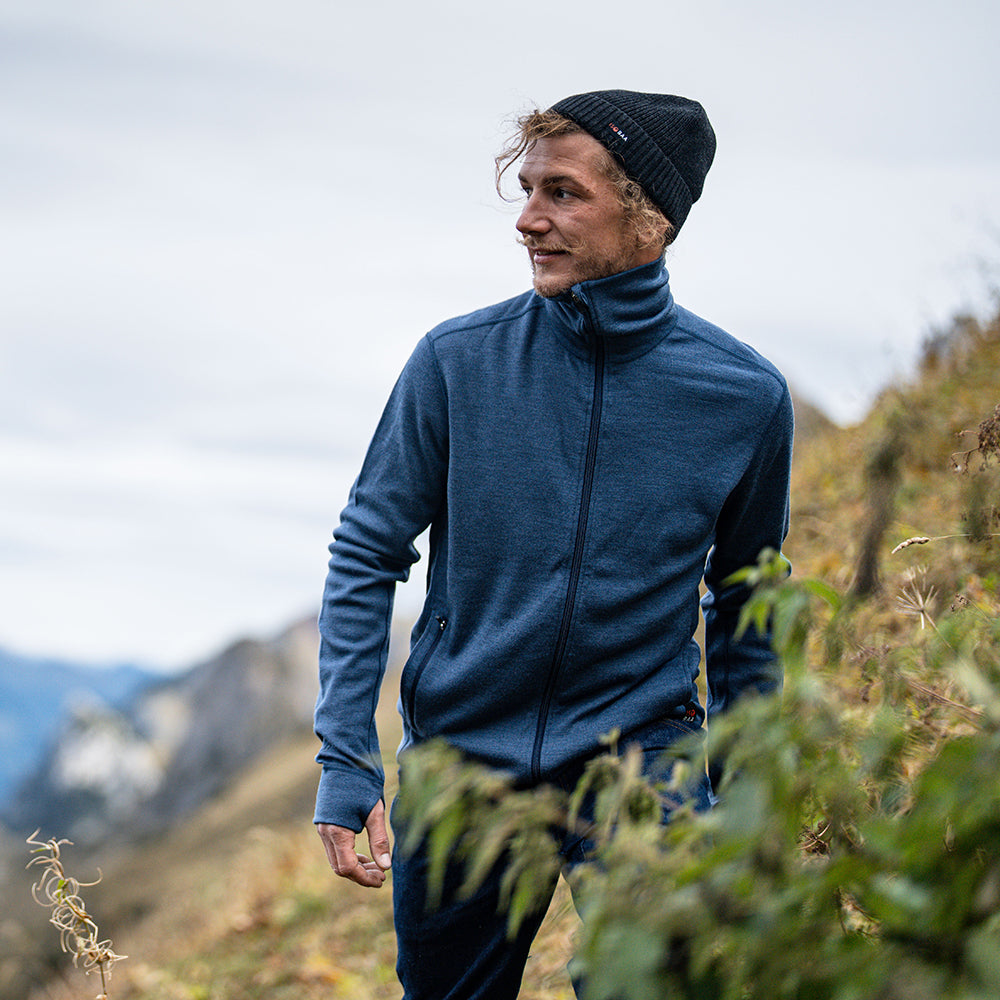 Isobaa | Mens 320 Merino Full Zip (Denim/Navy) | Step into a new level of comfort and versatility with our 320 Merino Full Zip Jacket | Model: Baudoin