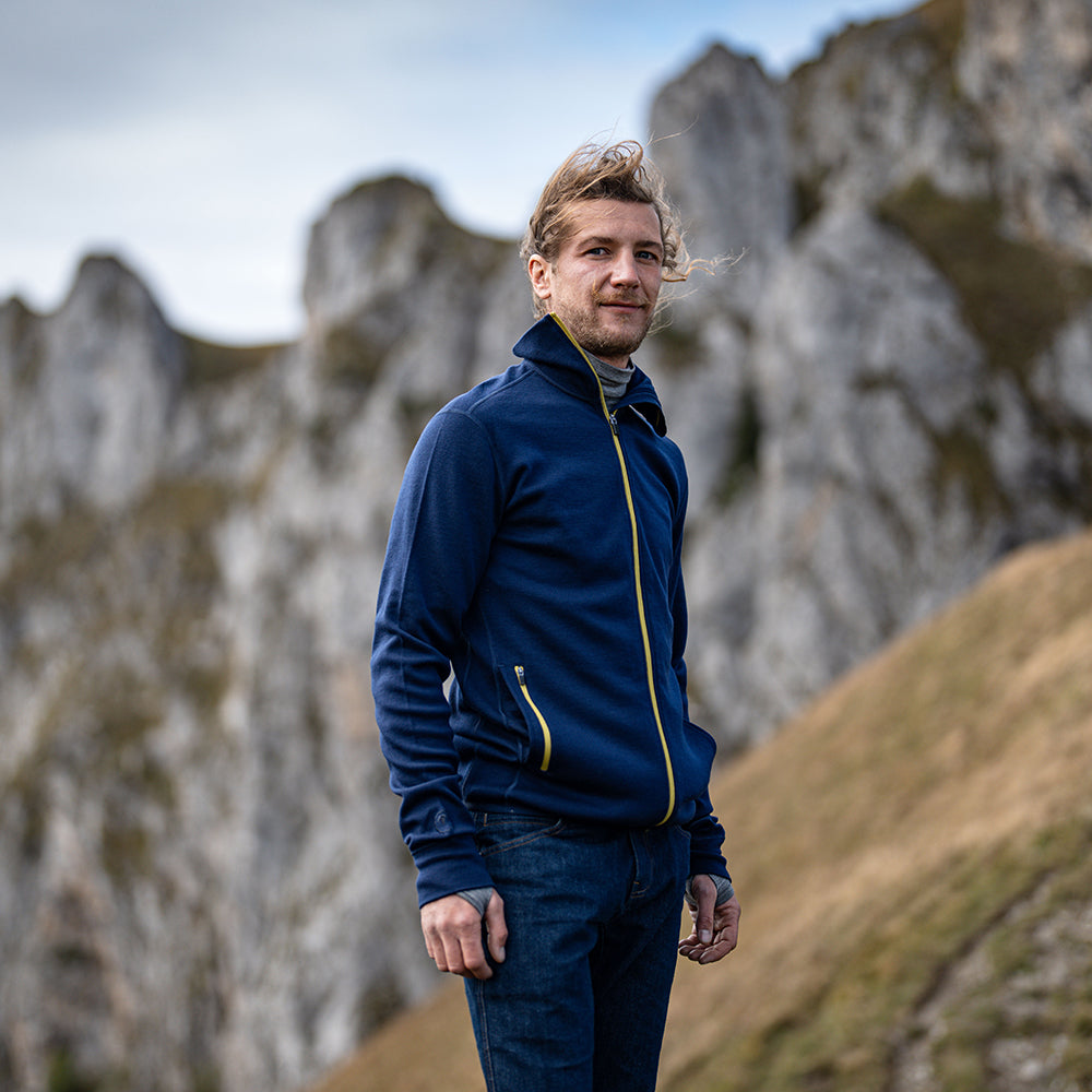 Isobaa | Mens 320 Merino Full Zip (Navy/Lime) | Step into a new level of comfort and versatility with our 320 Merino Full Zip Jacket | Model: Baudoin