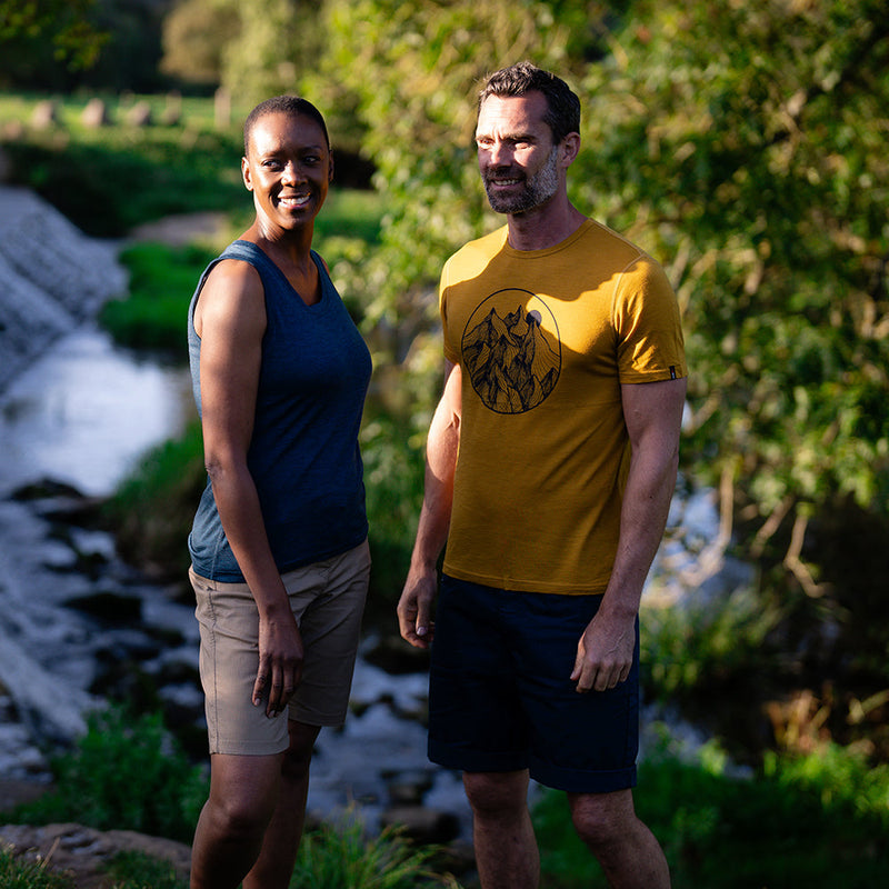 Isobaa | Mens Merino 150 Mountains Tee (Mustard/Navy) | Gear up for adventure with our superfine Merino Tee.