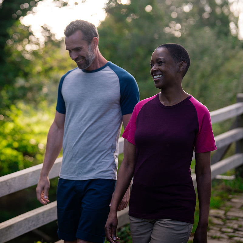 Isobaa | Mens Merino 150 Raglan Baseball Tee (Cloud/Petrol) | Layer for adventure with Isobaa's superfine Merino Tee.