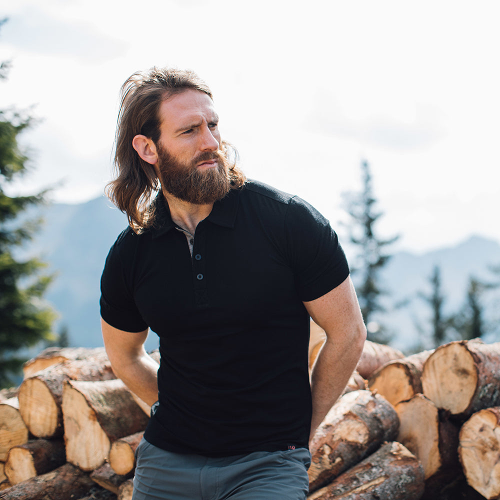 Isobaa | Mens Merino 180 Short Sleeve Polo Shirt (Black) | The ultimate Merino wool polo — perfect for weekend hikes, bike commutes, post-adventure coffee stops, office days, and everything in-between.