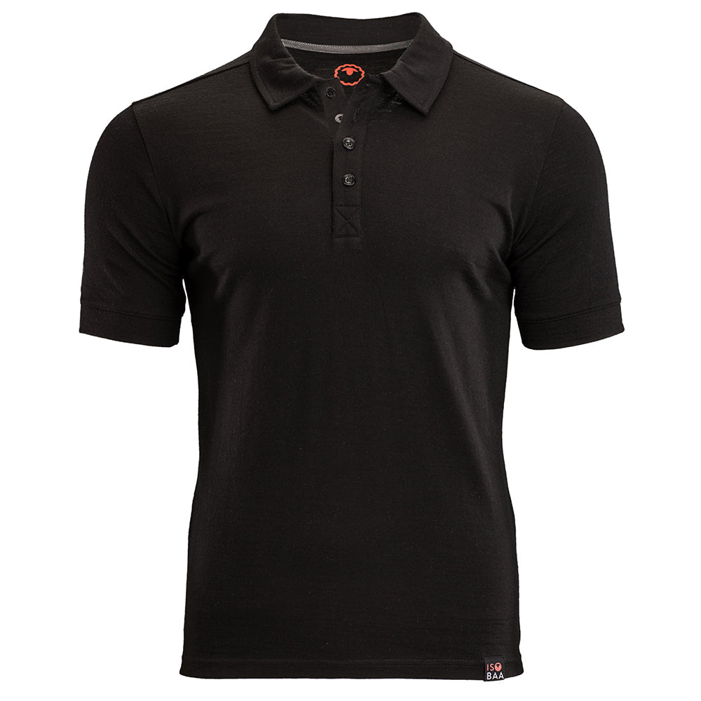 Isobaa |Mens Merino 180 Short Sleeve Polo Shirt (Plain Black) | The ultimate Merino wool polo – perfect for weekend hikes, bike commutes, post-adventure coffee stops, office days, and everything in-between.