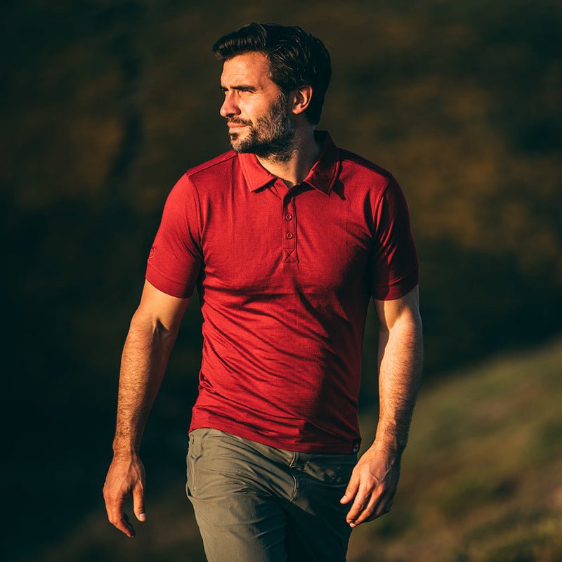 Isobaa |Mens Merino 180 Short Sleeve Polo Shirt (Plain Red) | The ultimate Merino wool polo – perfect for weekend hikes, bike commutes, post-adventure coffee stops, office days, and everything in-between.