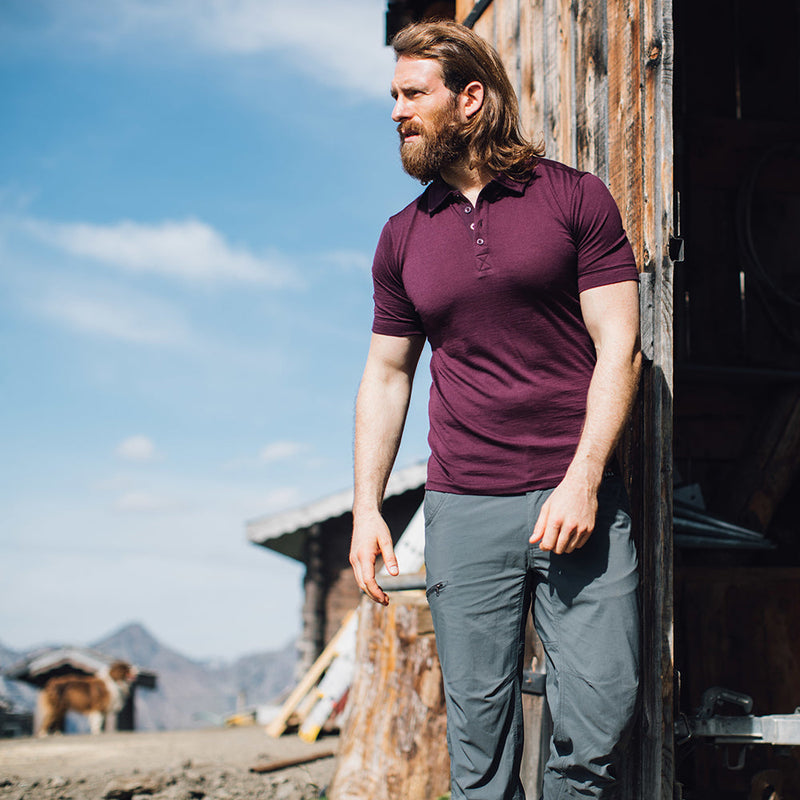 Isobaa |Mens Merino 180 Short Sleeve Polo Shirt (Plain Wine) | The ultimate Merino wool polo – perfect for weekend hikes, bike commutes, post-adventure coffee stops, office days, and everything in-between.