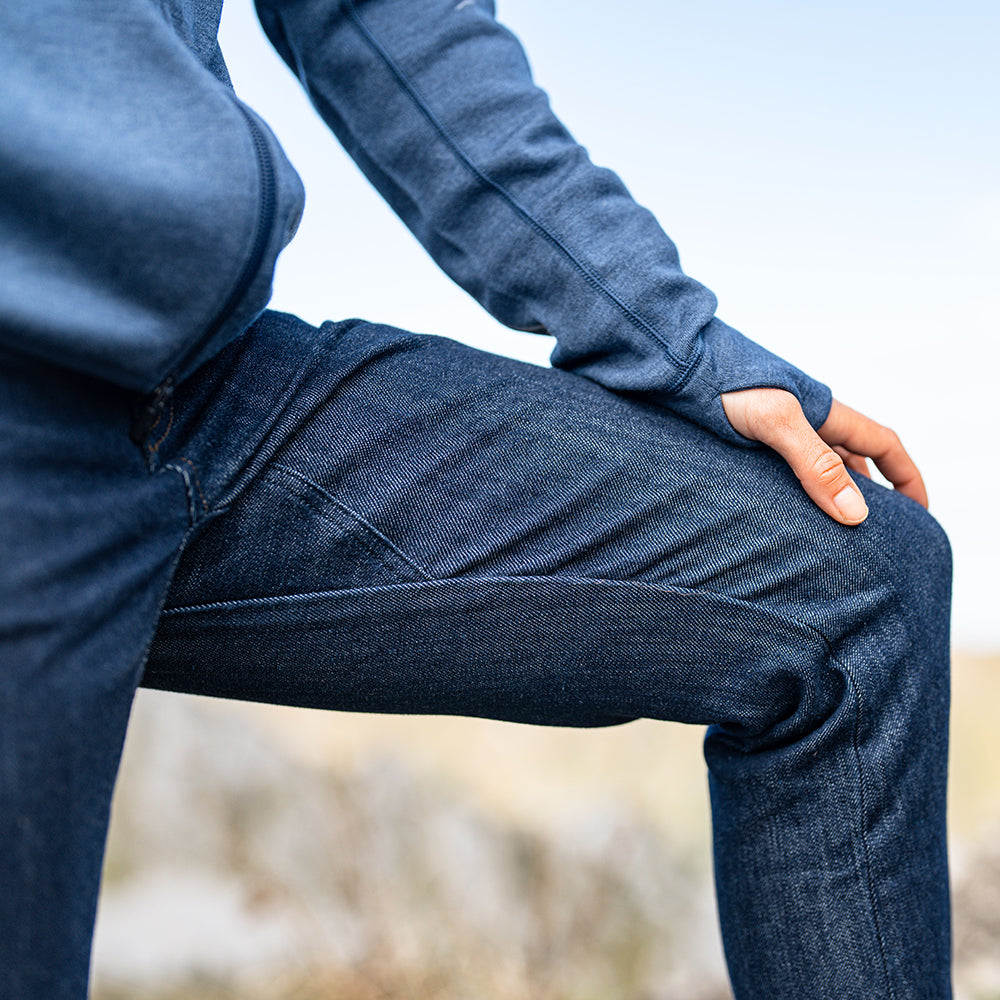 Isobaa | Womens LUX Merino Blend Jeans (Dark Indigo) | Elevate your denim game with our LUX Merino Blend Jeans. A premium fusion of cotton, merino wool, and elastane. | Model: Estelle