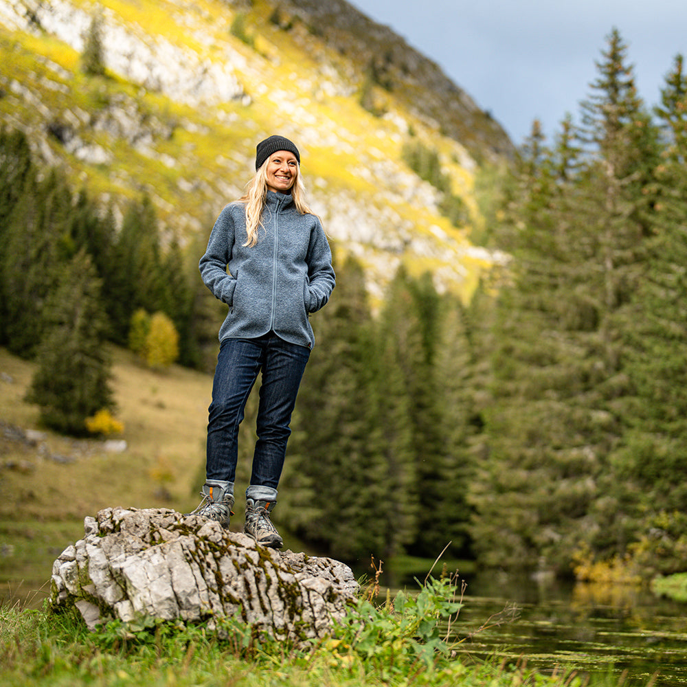 Isobaa | Womens LUX Merino Blend Jeans (Dark Indigo) | Elevate your denim game with our LUX Merino Blend Jeans. A premium fusion of cotton, merino wool, and elastane. | Model: Estelle