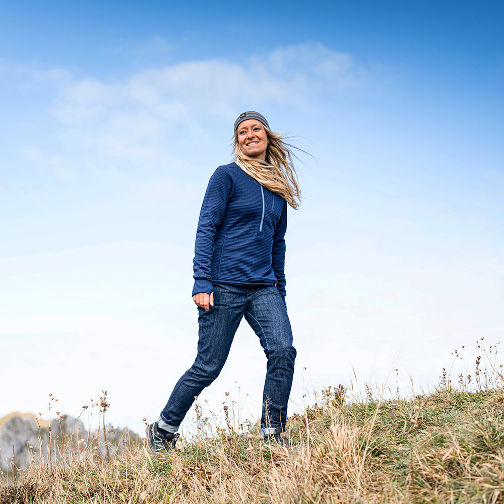 Isobaa | Womens LUX Merino Blend Jeans (Dark Indigo) | Elevate your denim game with our LUX Merino Blend Jeans. A premium fusion of cotton, merino wool, and elastane. | Model: Estelle