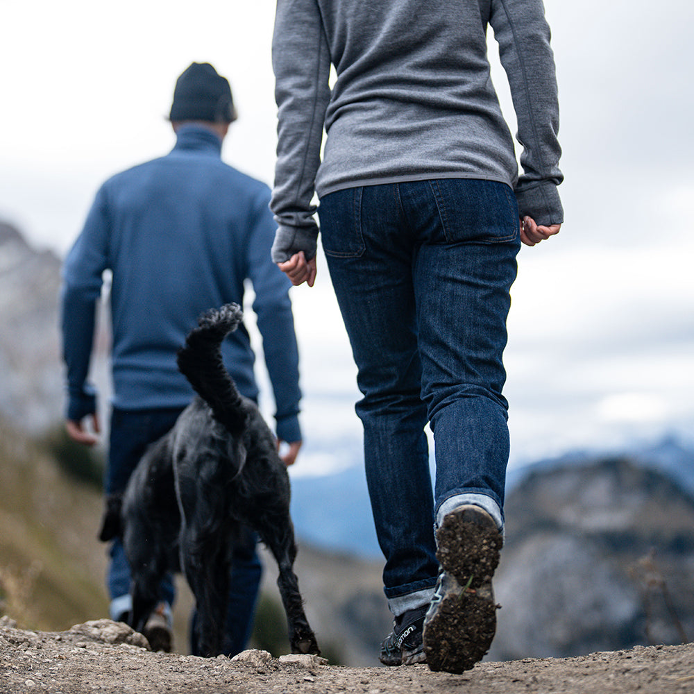 Isobaa | Womens LUX Merino Blend Jeans (Dark Indigo) | Elevate your denim game with our LUX Merino Blend Jeans. A premium fusion of cotton, merino wool, and elastane. | Model: Estelle