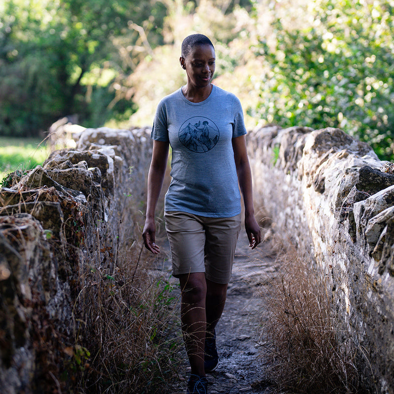 Isobaa | Womens Merino 150 Mountains Tee (Sky/Petrol) | Gear up for adventure with our superfine Merino Tee.