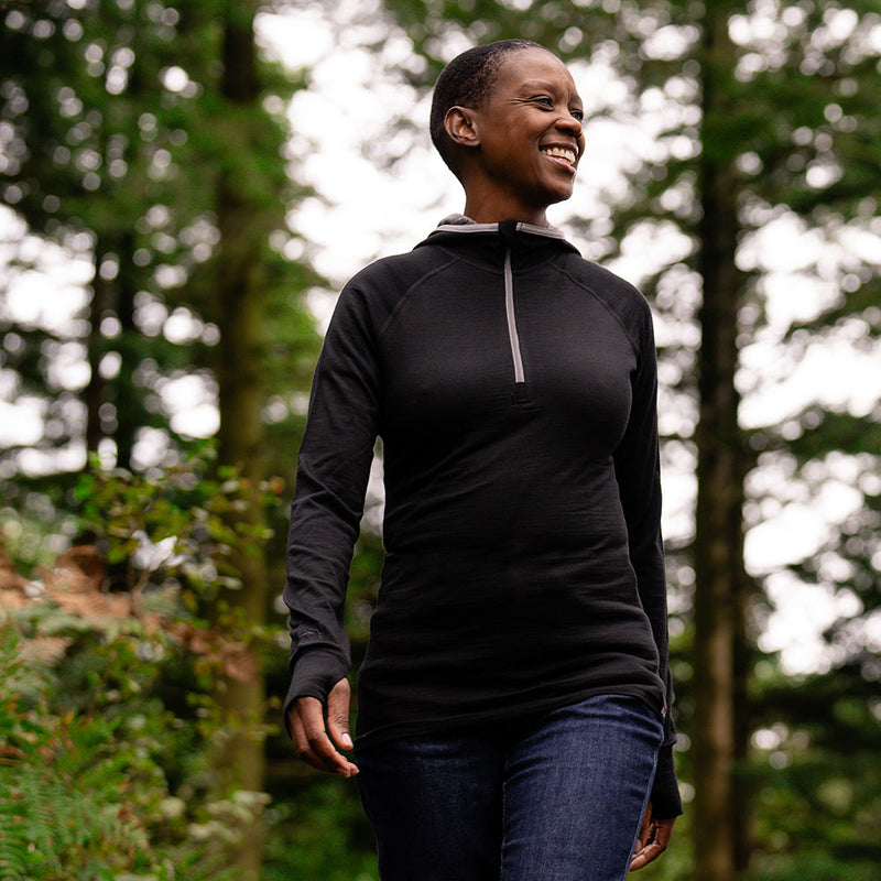 Isobaa | Womens Merino 200 Zip Neck Hoodie (Black) | The ultimate 200gm Merino wool hoodie.