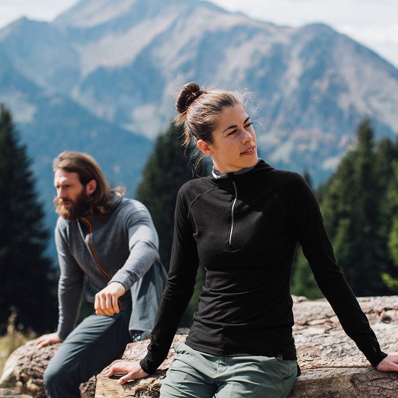 Isobaa | Womens Merino 200 Zip Neck Hoodie (Black) | The ultimate 200gm Merino wool hoodie.