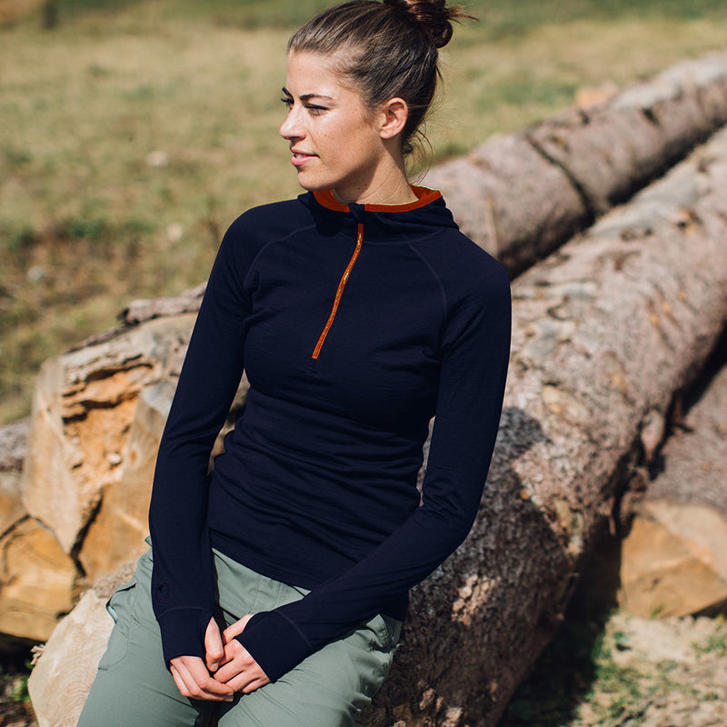 Isobaa | Womens Merino 200 Zip Neck Hoodie (Navy) | The ultimate 200gm Merino wool hoodie.