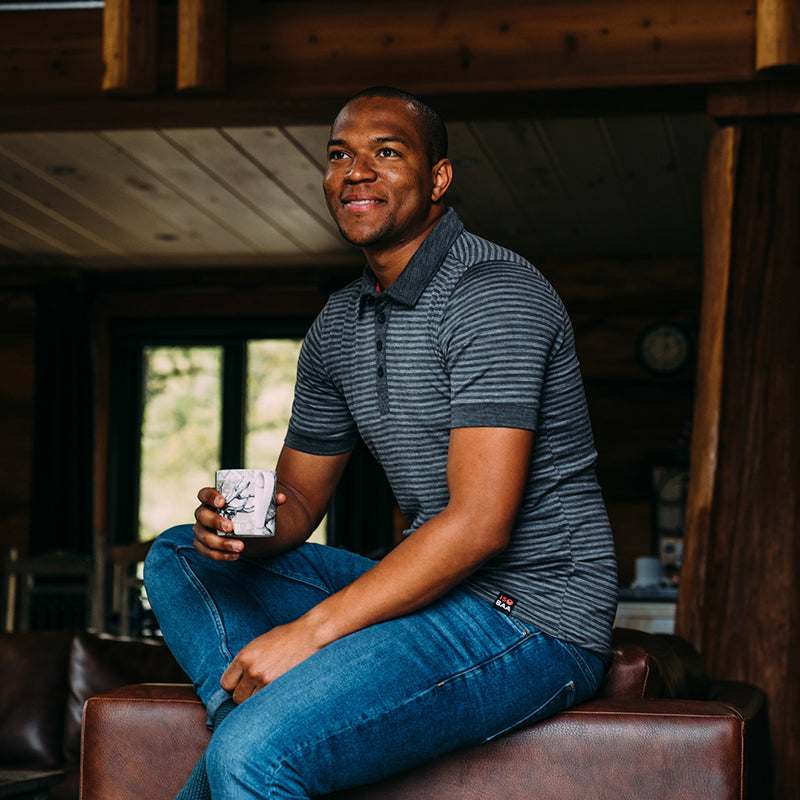 Isobaa | Mens Merino 180 Short Sleeve Polo Shirt (Stripe Smoke/Charcoal) | The ultimate Merino wool polo  – perfect for weekend hikes, bike commutes, post-adventure coffee stops, office days, and everything in-between.