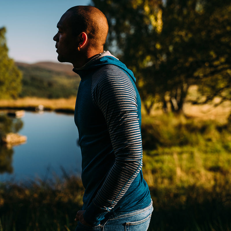 Isobaa | Mens Merino 200 Zip Neck Hoodie (Stripe Petrol/Charcoal) | The ultimate 200gm Merino wool hoodie.