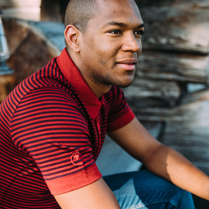 Isobaa | Mens Merino 180 Short Sleeve Polo Shirt (Stripe Red/Wine) | The ultimate Merino wool polo  – perfect for weekend hikes, bike commutes, post-adventure coffee stops, office days, and everything in-between.