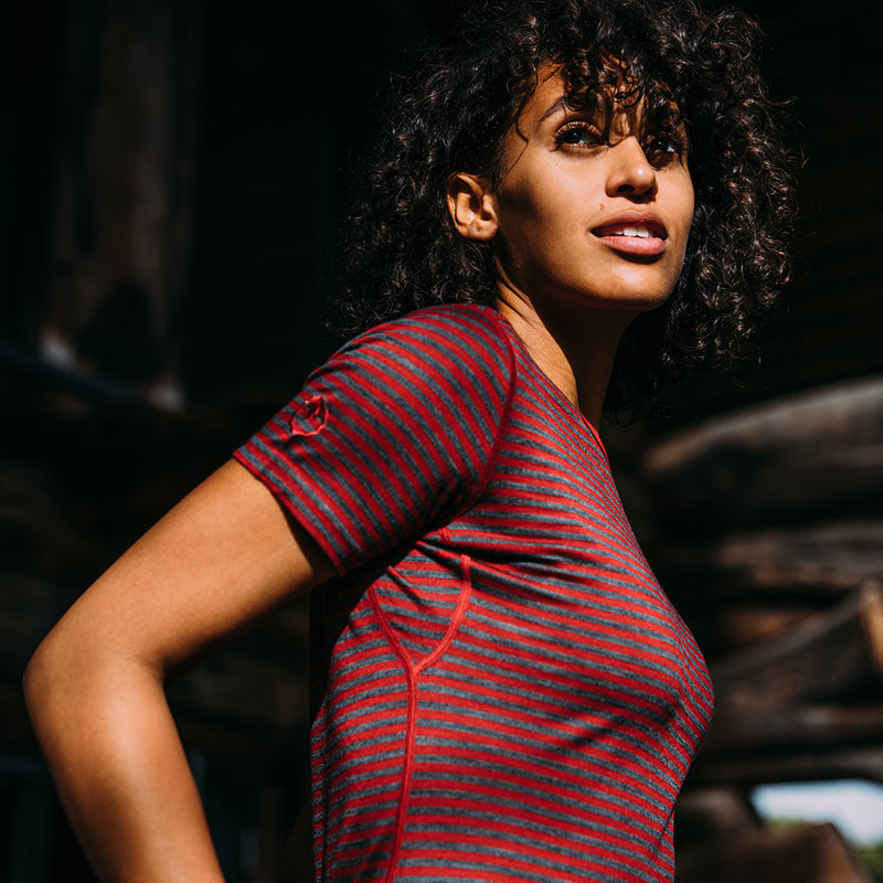 Isobaa | Womens Merino 150 Short Sleeve Crew (Stripe Red/Smoke) | Gear up for performance and comfort with Isobaa's technical Merino short-sleeved top.