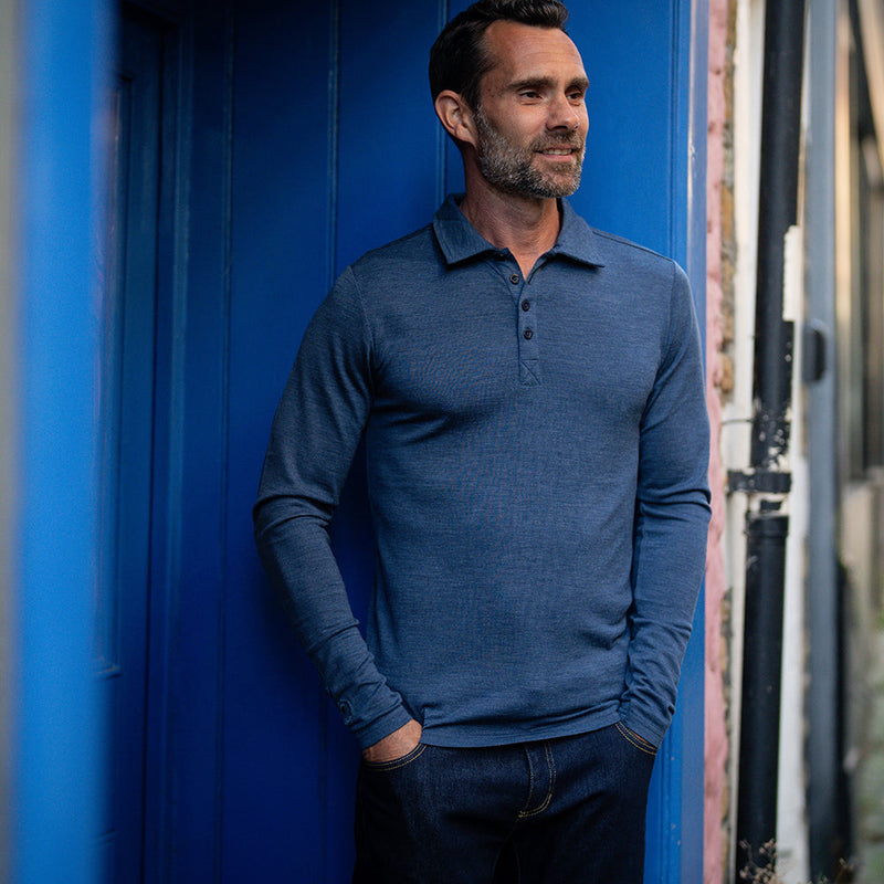 Isobaa | Mens Merino 200 Long Sleeve Polo Shirt (Denim/Navy) | Discover unmatched comfort with our 200gm Merino wool polo.