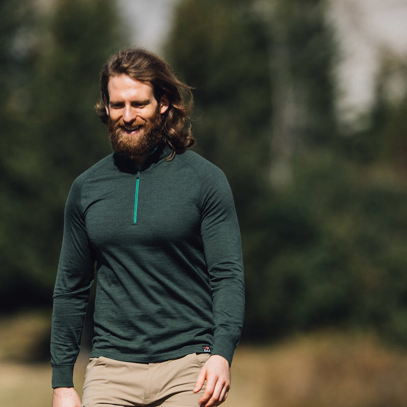 Isobaa | Mens Merino 200 Long Sleeve Zip Neck (Forest) | Experience the best of 200gm Merino wool with this ultimate half-zip top – your go-to for challenging hikes, chilly bike commutes, post-workout layering, and unpredictable weather.