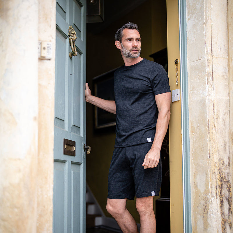 Isobaa | Mens Merino Blend 200 PJ Shorts (Black Melange) | Discover breathable comfort with our Merino blend shorts.