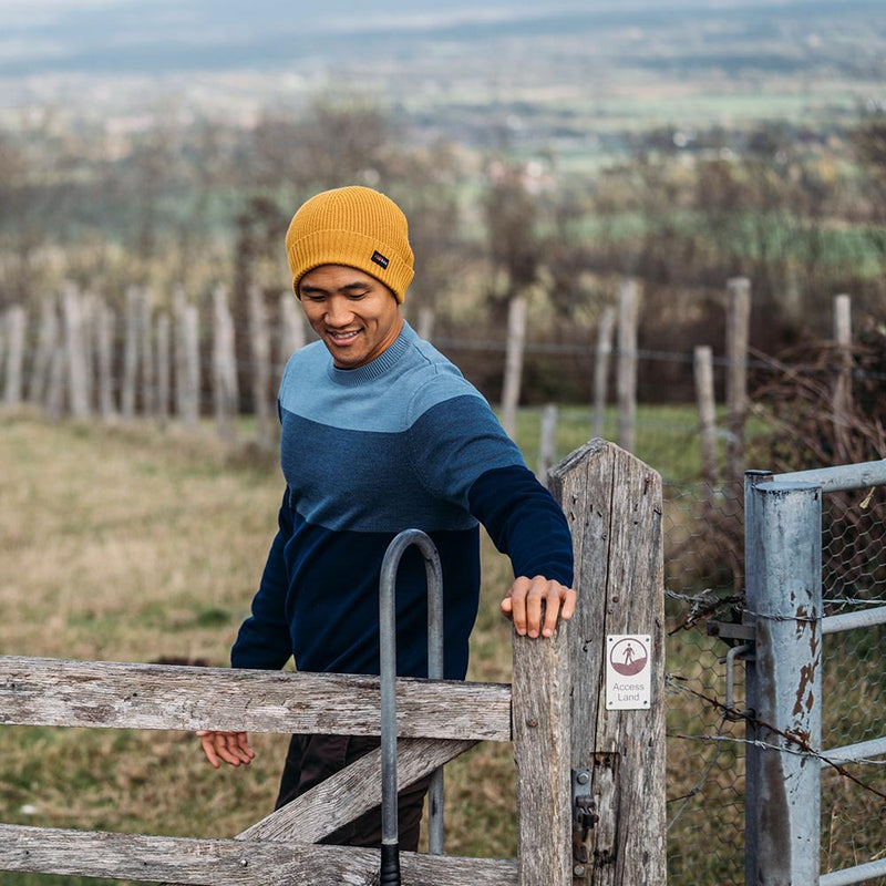 Isobaa | Mens Merino Block Stripe Sweater (Navy/Denim/Sky) | Discover effortless style and exceptional comfort with our  extrafine 9-gauge Merino wool crew neck sweater.