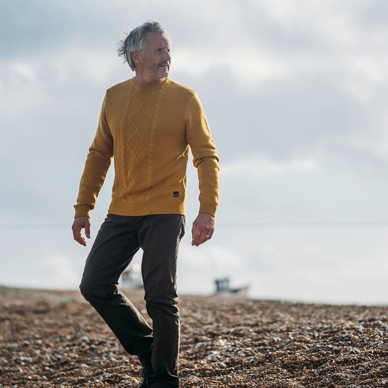 Isobaa | Mens Merino Cable Sweater (Mustard) | Experience timeless style and outdoor-ready performance with our Merino wool crew neck sweater.