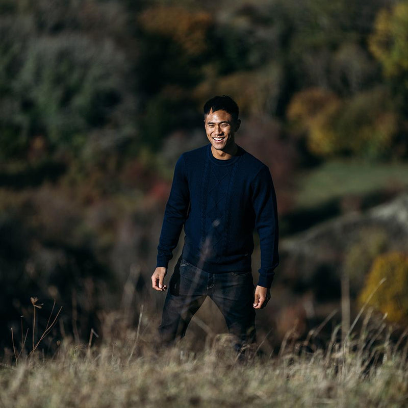 Isobaa | Mens Merino Cable Sweater (Navy) | Experience timeless style and outdoor-ready performance with our Merino wool crew neck sweater.