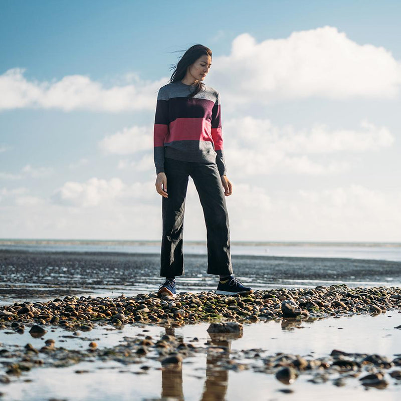 Isobaa | Womens Merino Block Stripe Sweater (Charcoal/Wine/Fuchsia/Smoke) | Discover effortless style and exceptional comfort with our  extrafine 9-gauge Merino wool crew neck sweater.