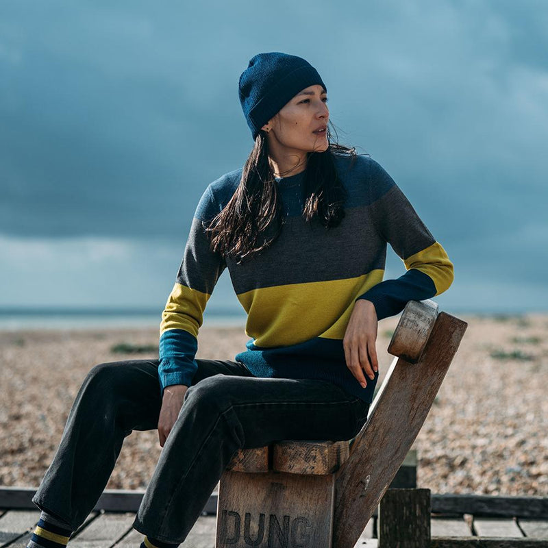 Isobaa | Womens Merino Block Stripe Sweater (Denim/Smoke/Lime/Petrol) | Discover effortless style and exceptional comfort with our  extrafine 9-gauge Merino wool crew neck sweater.