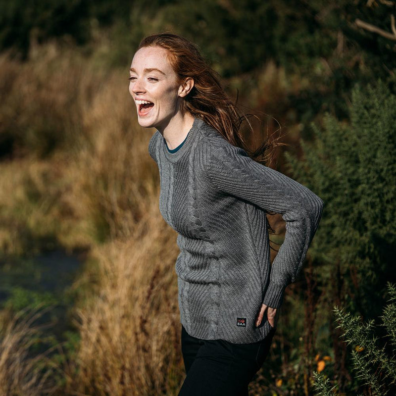 Isobaa | Womens Merino Cable Sweater (Charcoal) | Experience timeless style and outdoor-ready performance with our Merino wool crew neck sweater.