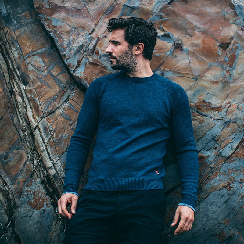 Isobaa | Mens Merino Crew Sweater (Petrol/Sky) | Everyday warmth and comfort with our superfine 12-gauge Merino wool crew neck sweater.