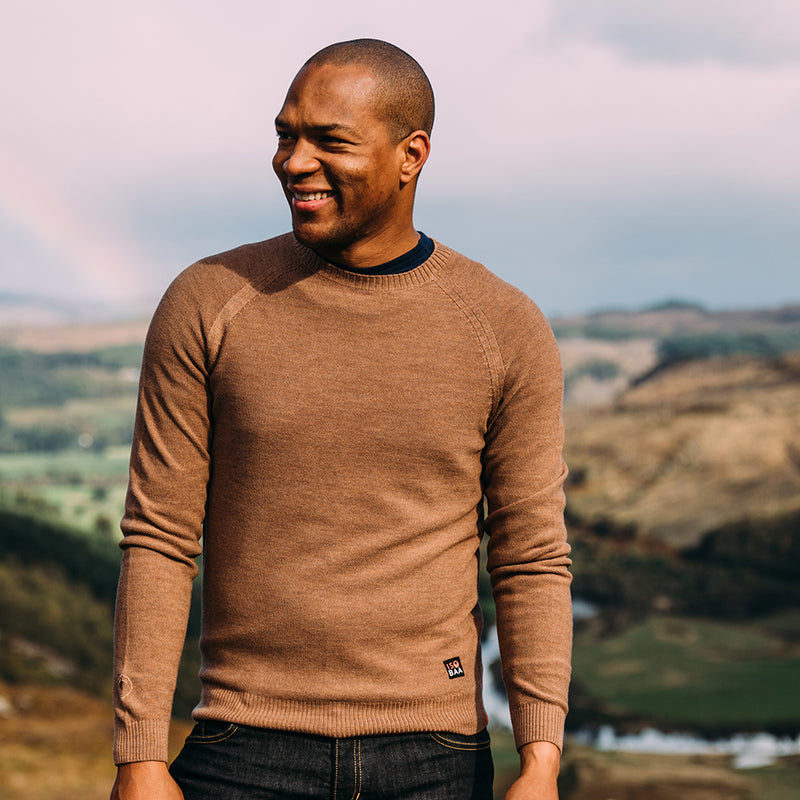 Isobaa | Mens Merino Moss Stitch Sweater (Bran/Orange) | Discover timeless style and outdoor-ready comfort with our extrafine Merino wool crew neck sweater.