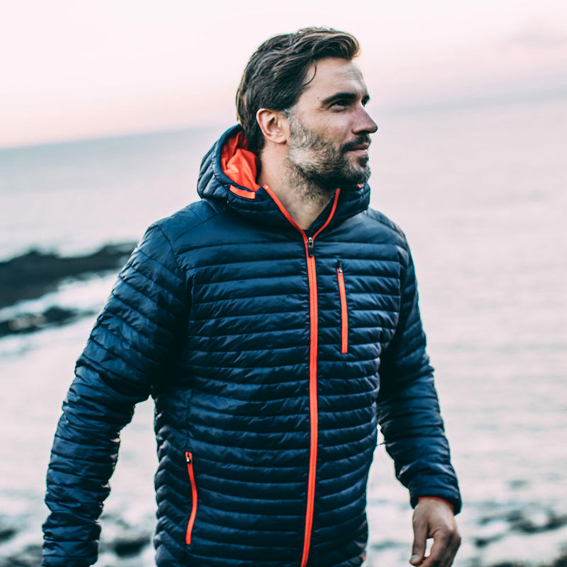 Isobaa | Mens Merino Wool Insulated Jacket (Navy/Orange) | Innovative and sustainable design with our Merino jacket.