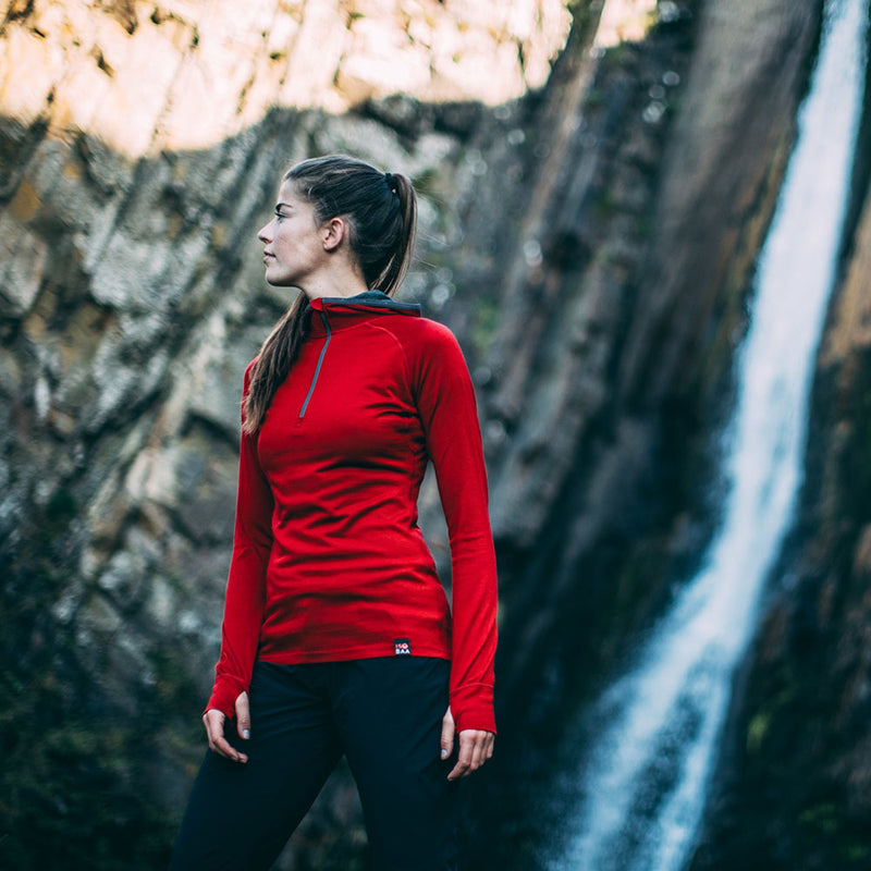 Isobaa | Womens Merino 200 Zip Neck Hoodie (Red) | The ultimate 200gm Merino wool hoodie.