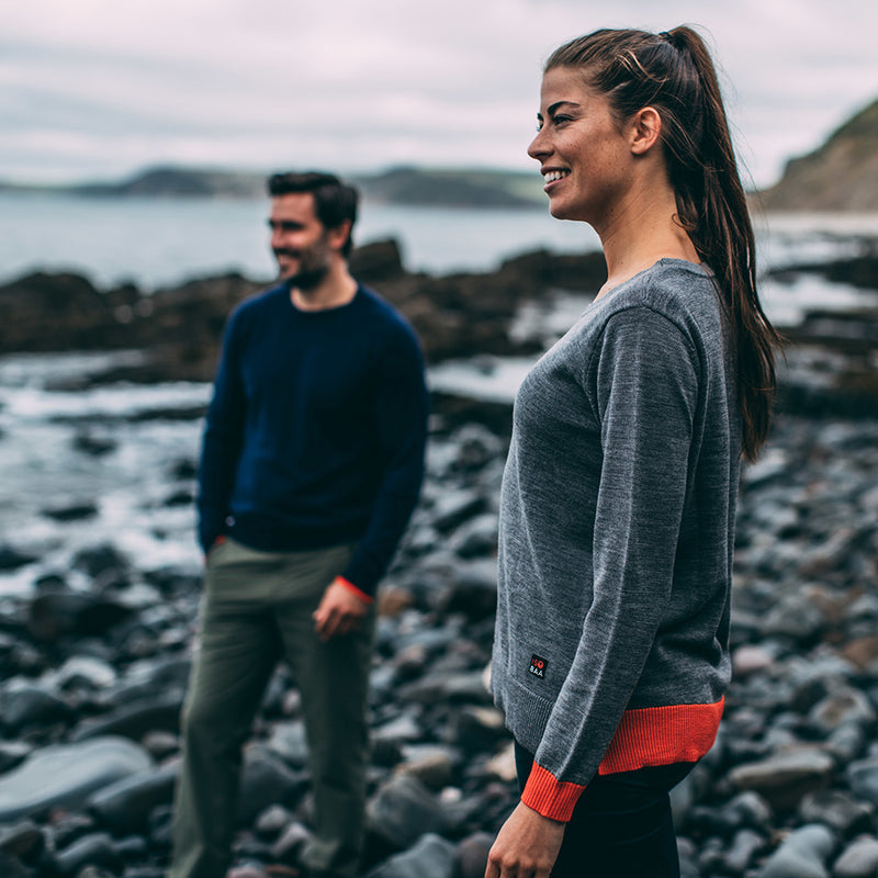 Isobaa | Womens Merino Crew Sweater (Charcoal/Orange) | Everyday warmth and comfort with our superfine 12-gauge Merino wool crew neck sweater.