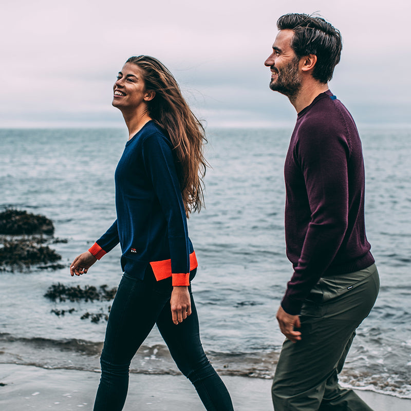 Isobaa | Womens Merino Crew Sweater (Navy/Orange) | Everyday warmth and comfort with our superfine 12-gauge Merino wool crew neck sweater.