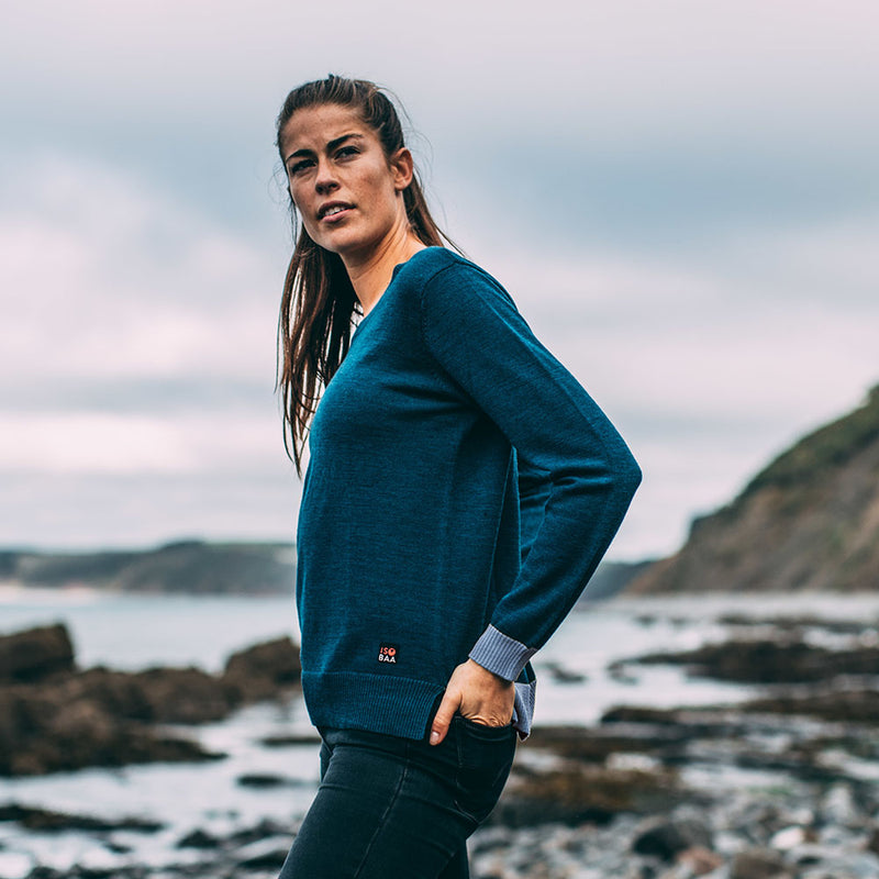 Isobaa | Womens Merino Crew Sweater (Petrol/Sky) | Everyday warmth and comfort with our superfine 12-gauge Merino wool crew neck sweater.